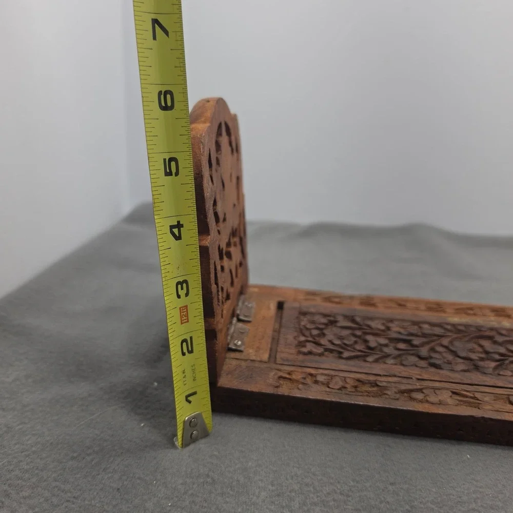 Vintage Hand Carved Floral Wood Book Slide Expandable Folding Desk Bookends B